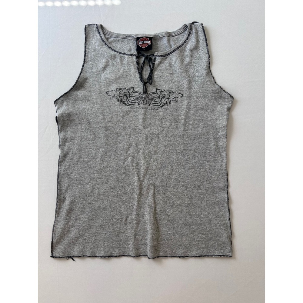 Harley Davidson Tank Top Women Large Gray Battlefield Gettysburg Lace Up Ribbed